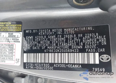 2005 Toyota Camry Le из США, поврежденный, VIN 4T1BE32K25U569423